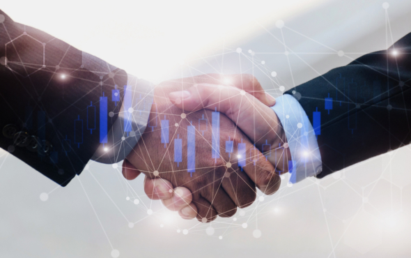 business man handshake with graphic network connection diagram and candle stick graph chart of stock market investment trading for Forex, teamwork, global technology, partnership, digital concept